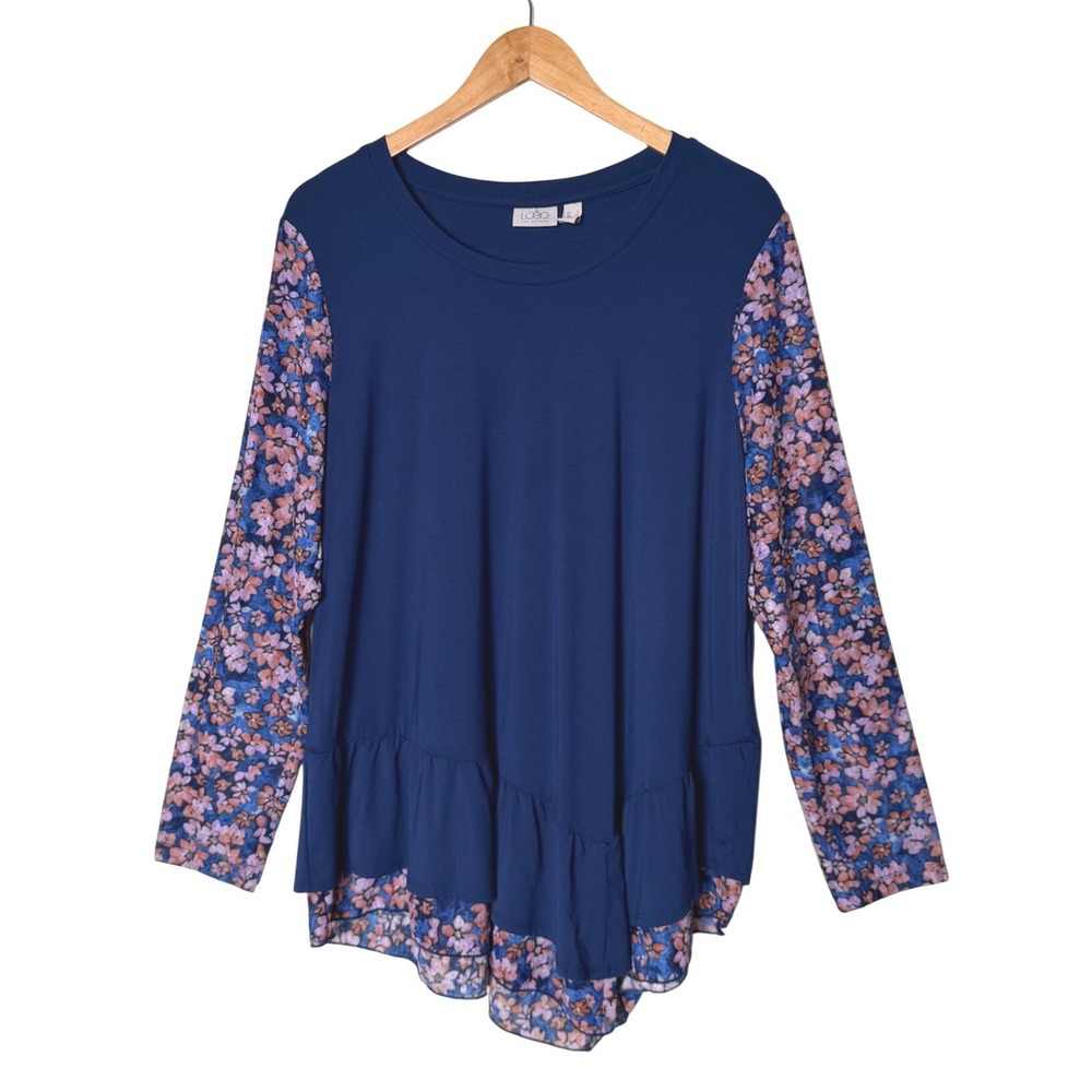 LOGO Lori Goldstein Womens Mixed Media Top Large Blue Floral Ruffle Chiffon